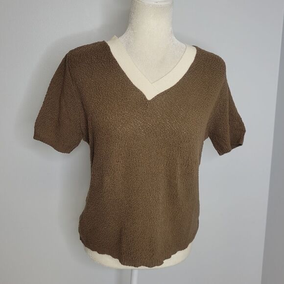 VINTAGE 90s Y2K sweater‎ brown knit v-neck short sleeve top S - Picture 8 of 8